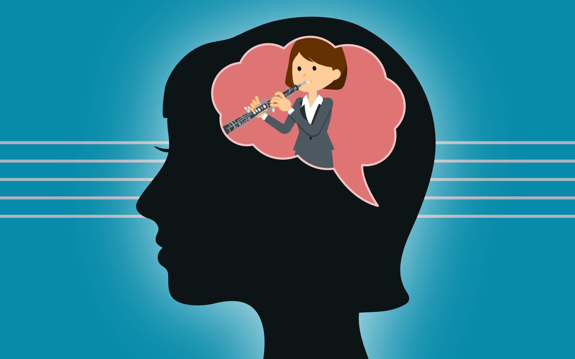 An illustration shows the side profile of a woman's head, and inside her mind we see that she is thinking of how she plays her oboe.