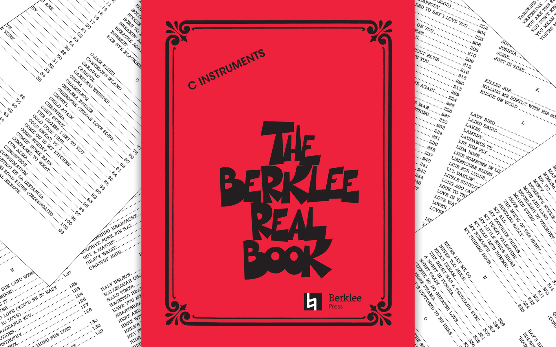 The Berklee Real Book—available from Berklee Press and Hal Leonard in February of 2025—is shown with its distinctive red cover as well as a glimpse of some of the songs included within.