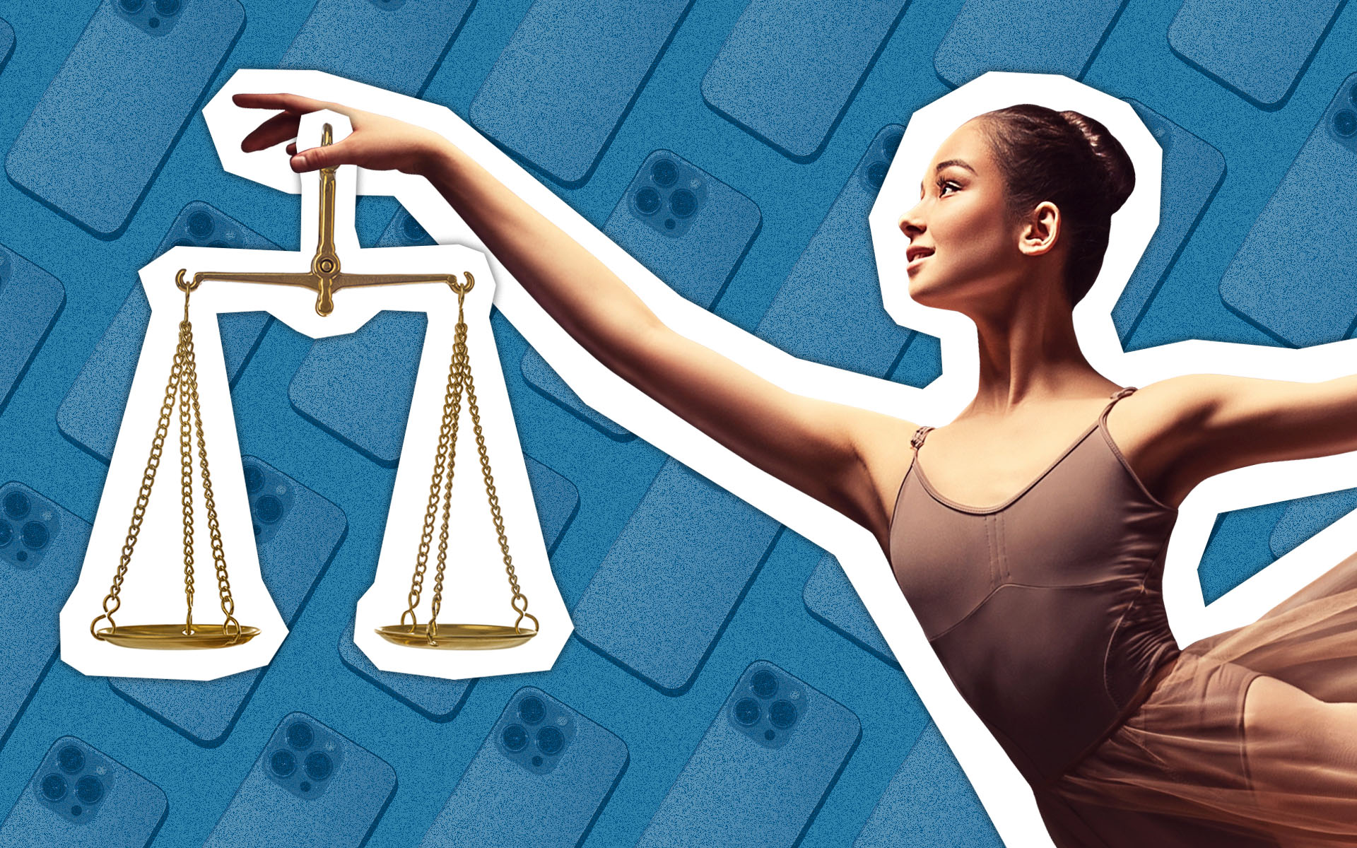 A dancer stands against a background of smartphones, holding the scales of justice aloft to symbolize copyright in the age of TikTok dances